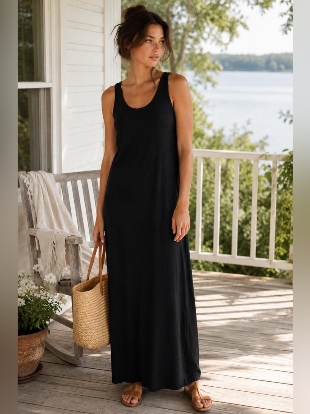 Eileen Fisher washable Packable stretch crepe Tank Style Flared Maxi Dress black